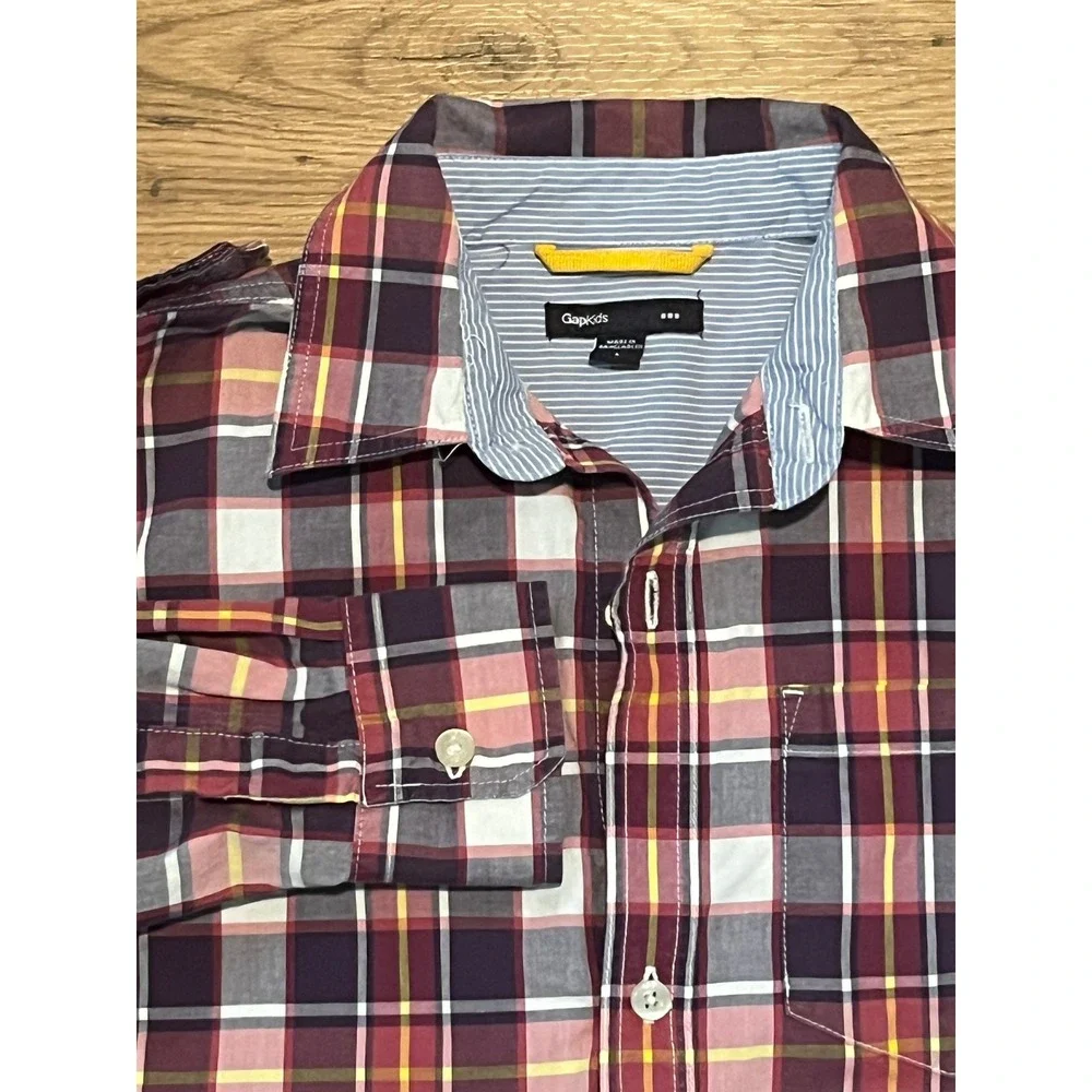 GapKids Button Down Shirt Boys Size L Burgundy Plaid Long Sleeve School Church